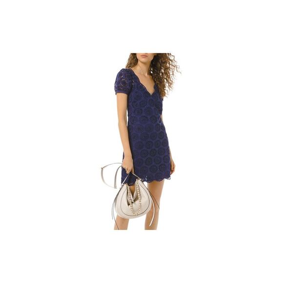 MICHAEL MICHAEL KORS Womens Navy Lined Short Sleeve V Neck Short Sheath Dress L